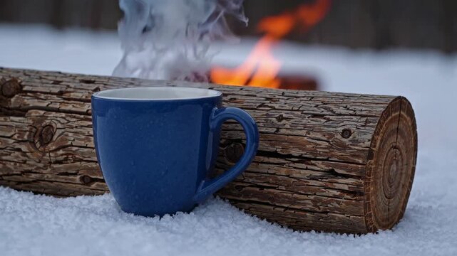 Winter Scene With a Blue Mug of Hot Beverage by a Log and Campfire, Surrounded by Snow, Suggesting Warmth and Comfort Outdoors