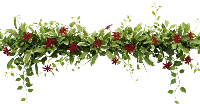 Lush green foliage with variegated leaves and delicate red star shaped flowers cascading Starshaped Transparent background transparent background