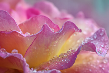 Macro view of delicate pink and yellow rose petals with sparkling water droplets.