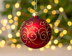 Red Christmas ornament against blurred lights