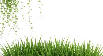 Lush green grass sprouts from the ground with delicate green vines hanging from above isolate blades of grass