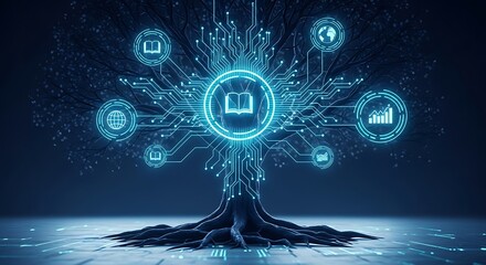 Digital Learning Tree: Abstract Technology Education Concept with Glowing Circuit Board Design for Online Courses & Knowledge Growth