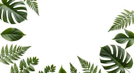 Monstera leaves and fern fronds frame a dark space isolate tropical green plant foliage nature botanical