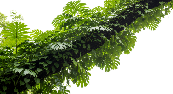 Lush green monstera leaves and vines growing on a dark tree trunk isolate plant nature foliage jungle