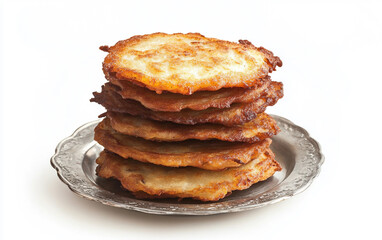 Traditional Latkes Arranged on Silver Plate Isolated on White Background.