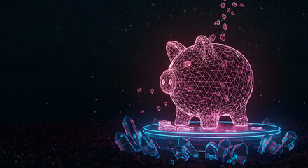 Futuristic digital hologram of a piggy bank representing innovation virtual currency blockchain and cybersecurity in a sleek modern digital art scene