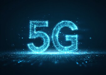 Luminous blue lines create a glowing 5G symbol with circuit board texture background