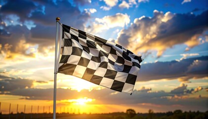 Checkered flag sunset race finish.