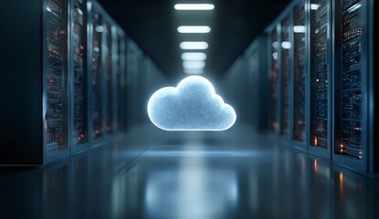 Luminous cloud hovers between long rows of servers in a data center hallway