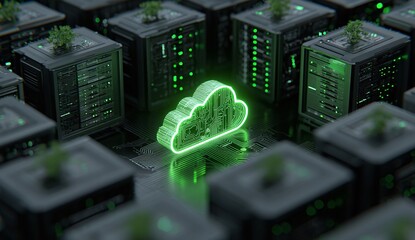 Luminous cloud symbol shines brightly amid dark server rows with miniature trees above