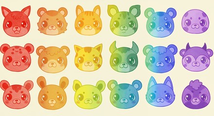 ** Adorable Rainbow Kawaii Animal Faces Character Set
