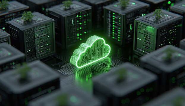 Luminous cloud symbol shines brightly amid dark server rows with miniature trees above - Powered by Adobe