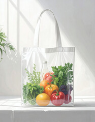 White transparent tote bag filled with fresh produce.
