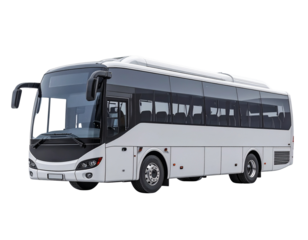 Short Coach Bus in Slight Perspective, Angled Rear View, Isolated on White