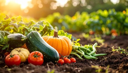 Harvest fresh vegetables and pumpkins with the light of the morning sun