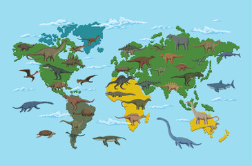 8 bit pixel art prehistoric dinosaurs map infographics featuring various dino species placed on their respective continents of discovery. Vector educational poster for children paleontology learning © Vector Tradition