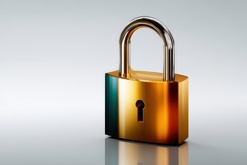 Naklejka premium Shiny brass padlock glistens under soft lighting, symbolizing security and protection in a modern setting
