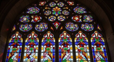 Fototapeta premium Ornate Stained Glass Window with Intricate Floral and Geometric