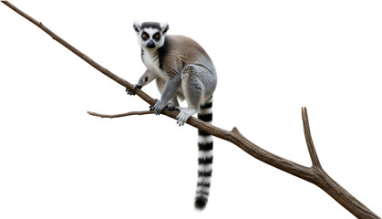 Naklejka premium Ring tailed lemur clinging to a branch with striped tail clear isolation ringtailed lemur primate animal transparent background