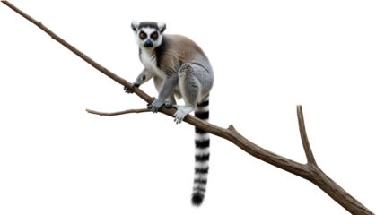 Ring tailed lemur clinging to a branch with striped tail clear isolation ringtailed lemur primate animal transparent background
