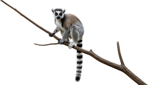 Ring tailed lemur clinging to a branch with striped tail clear isolation ringtailed lemur primate animal transparent background