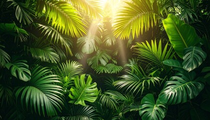 A lush wall of tropical foliage, with a variety of bright green leaves in soft sunlight.