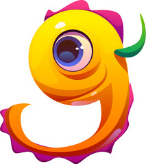 Bizarre monster character font digit 9 nine. Strange bugaboo, bogle personage mathematics font digit, Halloween scarecrow cartoon vector alphabet type number. Spooky creature kids ABC typeface figure