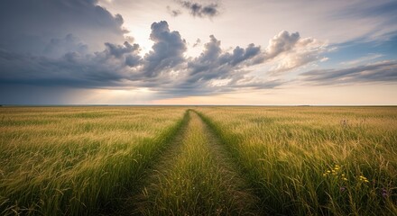 Obraz premium Prairie Path Under Dramatic Skies: A Journey Through Golden Gras