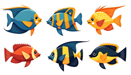 Naklejka premium Set of Colorful Tropical Fish Vector Illustrations on White Background