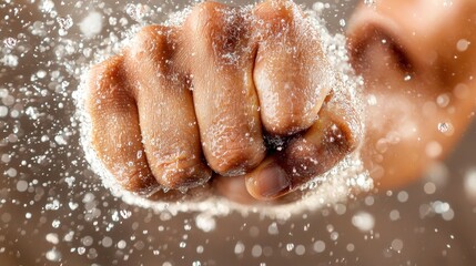 Fototapeta premium A clenched fist punches through a burst of powder, symbolizing strength, energy, and impact.