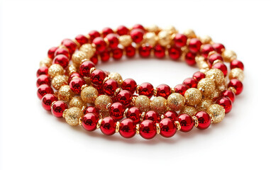 Obraz premium String of Red and Gold Christmas Beads Isolated on White Background.