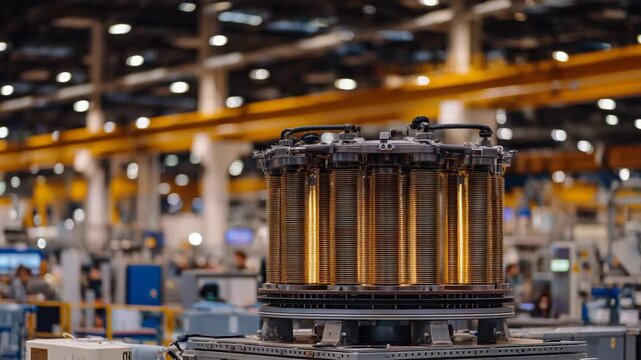 A high-performance industrial transformer with a golden superconductor coil, highlighted by intense lighting, showcasing intricate winding patterns and sturdy metal supports.