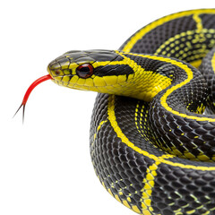 Black and yellow banded snake with red tongue isolated on transparent background
