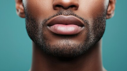 Obraz premium A close-up of a man's lower face with well-groomed facial hair against a teal background.