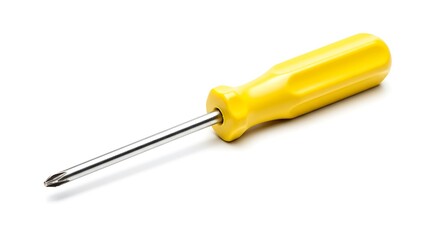 Close-up of a Yellow Phillips Head Screwdriver Isolated on White, Tool for Home Repair and Construction with a Bright Yellow Handle