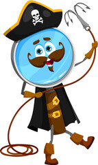 Cartoon loupe education school stationery pirate and corsair crew character with grappling hook. Isolated vector magnifying glass supply personage in tricorn hat, ready for adventure on the high seas