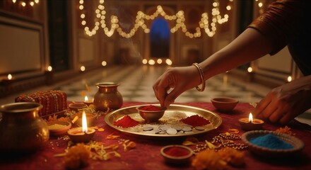 Diwali preparation at home. Woman arranging puja thali, with diyas, flowers, and colored powders, creating a festive & spiritual atmosphere. Perfect for culture projects.