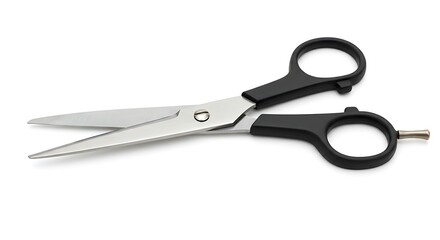 Sharp stainless steel scissors with black plastic handles, perfect for cutting paper or hair,Scissors with sleek black handles, ideal for salon use and precise cutting tasks