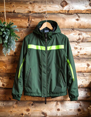 Dark Green Jacket with Lime Reflective Stripes.