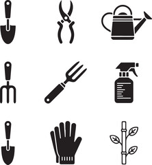 Gardening Tools Icons Including Trowels Pruning Shears Watering Can Fork Spray Bottle Gloves and Bamboo