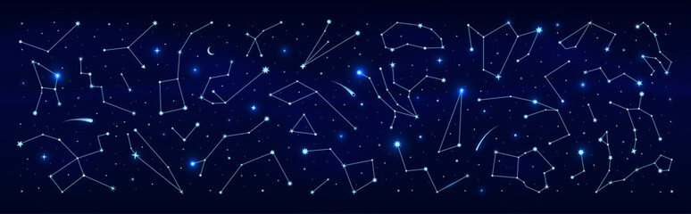 Border of blue star constellation. Night sky map, mystic astrology background. Vector pattern for astronomy, esoteric, tarot, magic and mystic horoscope. Chart of visible celestial objects positions © Vector Tradition