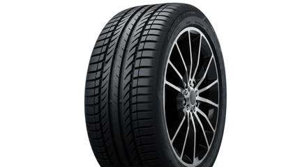Obraz premium Pristine black radial car tire, detailed tread pattern & sidewall, isolated on seamless transparent background. Soft studio lighting highlights texture. Concept of industrial innovation