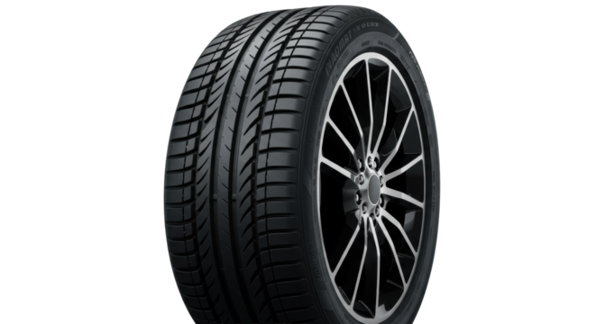 Pristine black radial car tire, detailed tread pattern & sidewall, isolated on seamless transparent background. Soft studio lighting highlights texture. Concept of industrial innovation