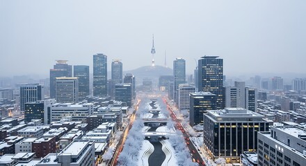 Winter Cityscape of Seoul with Snow-Covered Streets, Cheonggyecheon Stream, and Namsan Tower at Twilight