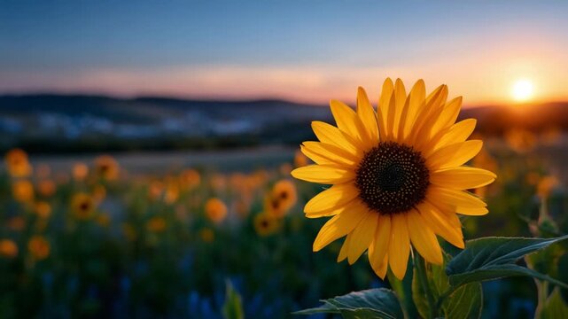A lone sunflower glows in golden hour light, showcasing its textured center and symmetry against a blurred farmland backdrop.
