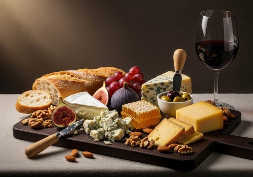 Wine cheese bread fruit nuts honeycomb olives arranged on a wooden board