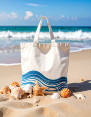 A canvas tote bag with a blue wave design sits on a sandy beach with seashells and a starfish.