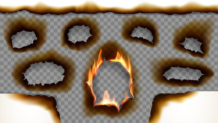 Realistic paper fire burn edges and hole with scorched borders and glowing fire flames effects. 3d vector gaps with burning blazing tongues on sheet. Torn and ripped frames isolated layouts set
