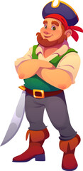 Cartoon medieval pirate and corsair character with sabre. Isolated vector bearded sailor or captain personage smiling, wearing tricorn hat and bandana, standing with crossed arms and gleaming sword