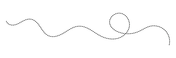 Hand drawn curve dotted line. Curly dotted line. Long dashed hand drawn squiggle. Dotted spiral curve line. Vector illustrator